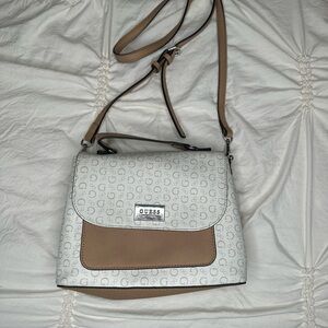 GUESS White and Tan Crossbody Bag
